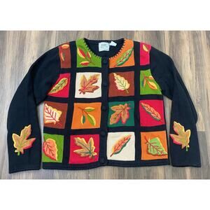 VTG Women Emma Tricot leaves fall autumn button cardigan graphic sweater S